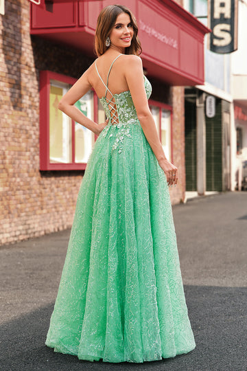 Une ligne scintillante vert clair spaghetti bretelles corset tulle Robe De Soirée avec fente